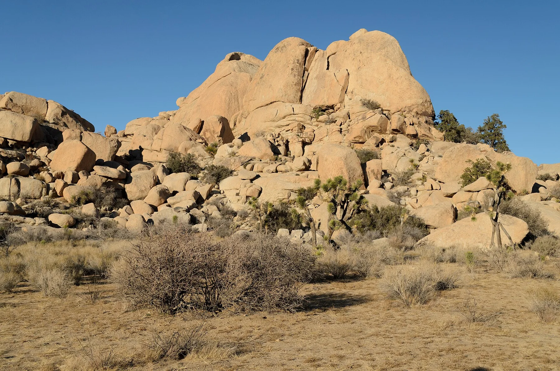 Rocky desert terrain beside the historic Barker Dam reservoir