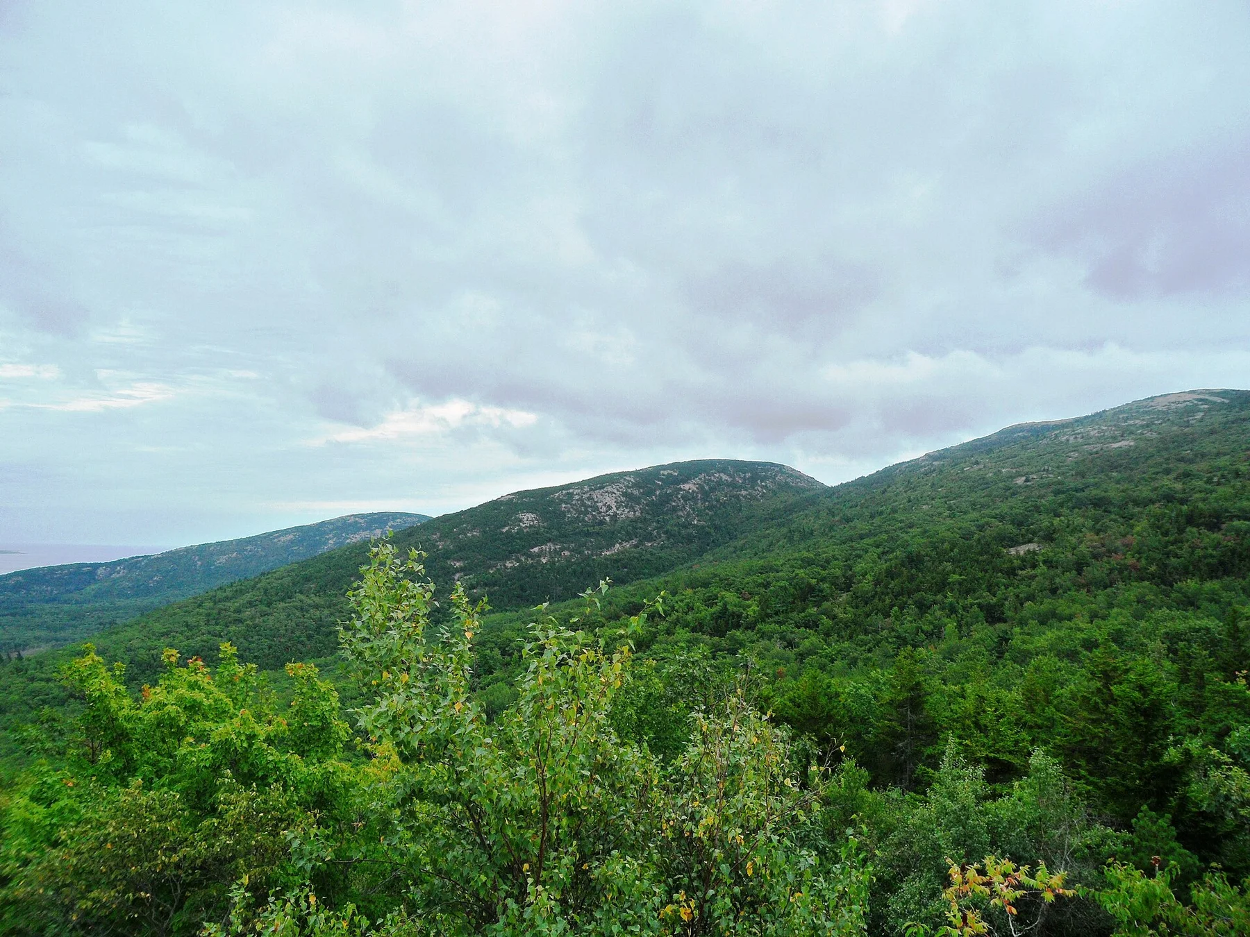 Morning view over granite slopes and islands near Cadillac Mountain