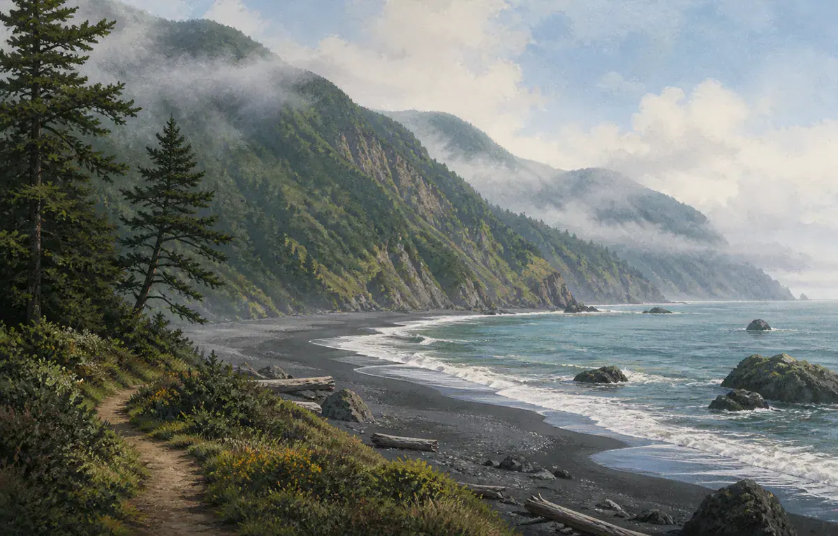 Editorial illustration of a foggy black-sand coast beneath steep green mountains