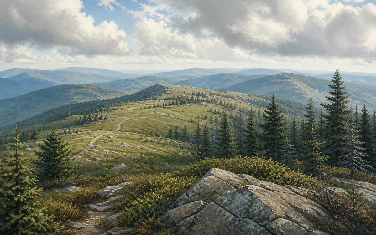 Editorial illustration of grassy Appalachian high country