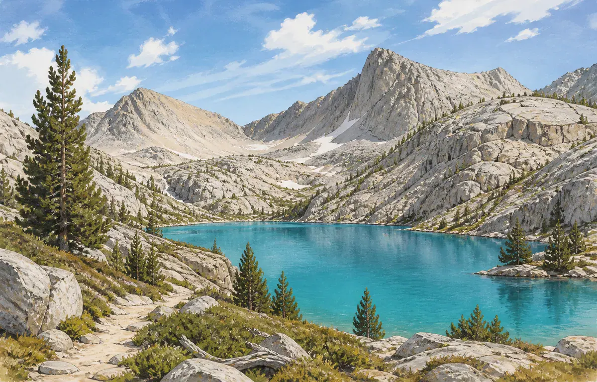 Editorial illustration of a sunny alpine lake in the southern Sierra
