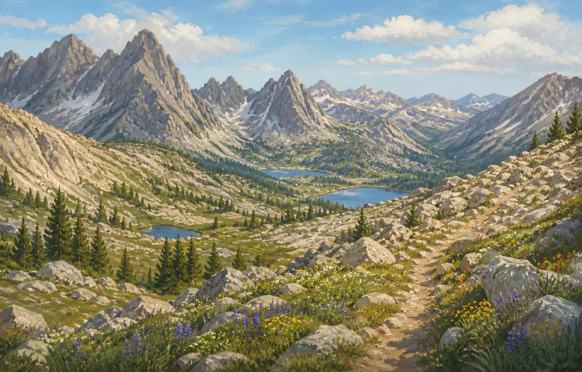Editorial illustration of a rugged Teton alpine basin